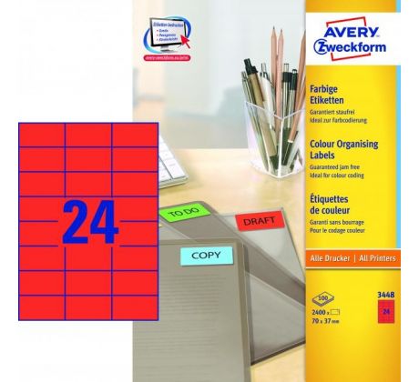 Etikety farebné 70x37mm Avery A4 100 hárkov červené