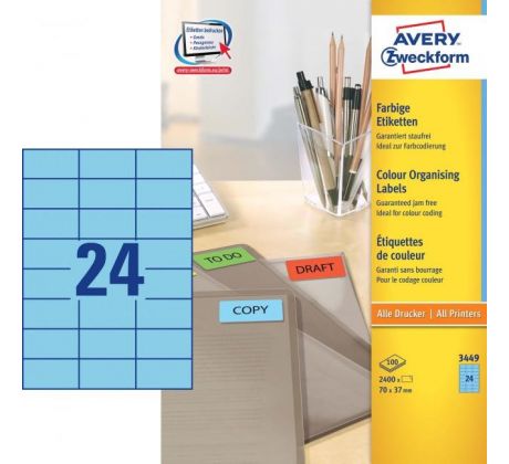 Etikety farebné 70x37mm Avery A4 100 hárkov modré
