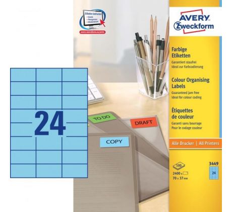 Etikety farebné 70x37mm Avery A4 100 hárkov modré