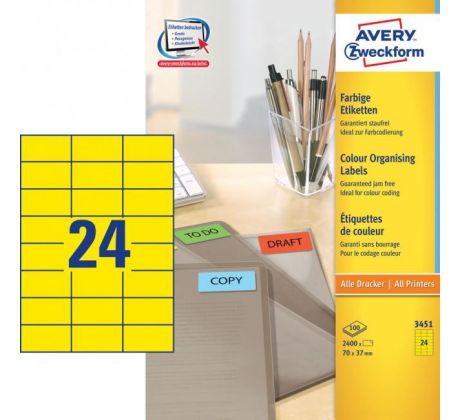 DARČEK - Etikety farebné 70x37mm Avery A4 100 hárkov žlté  - Objednaj 1 ks a dostaneš darček 1 ks Drevený podnos /BD ( Platí do 31.8.2025)