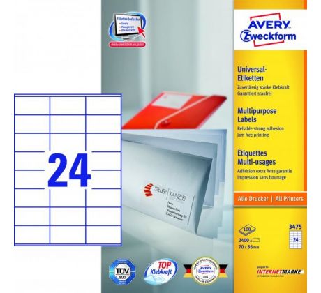 Etikety univerzálne 70x36mm Avery A4 100 hárkov