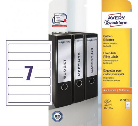Etikety univerzálne na zakladače 38 x 192 mm Avery A4 25+5 hárkov
