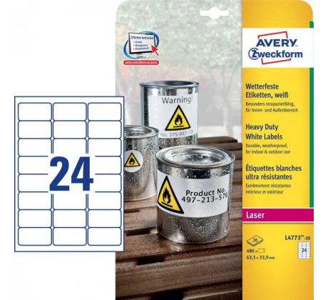 DARČEK - Etikety polyesterové veľmi odolné 63,5x33,9mm Avery A4 biele 20 hárkov  - Objednaj 1 ks a dostaneš darček 1 ks Raffaello dezert 150 g ( Platí do 30.6.2025)