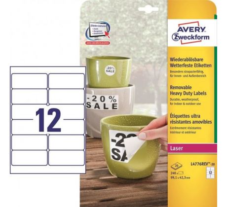 DARČEK - Etikety polyesterové veľmi odolné 99,1x42,3mm Avery A4 biele odnímateľné 20 hárkov  - Objednaj 1 ks a dostaneš darček 1 ks Raffaello dezert 150 g ( Platí do 30.6.2025)