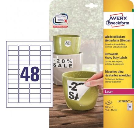 DARČEK - Etikety polyesterové veľmi odolné 45,7x21,2mm Avery A4 biele odnímateľné 20 hárkov  - Objednaj 1 ks a dostaneš darček 1 ks Raffaello dezert 150 g ( Platí do 30.6.2025)
