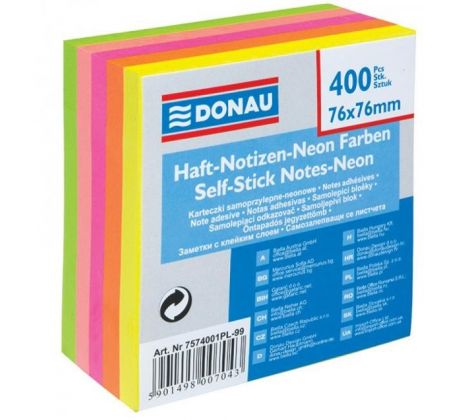Bloček Donau, 76 x 76 mm, 5 neónových farieb, 400 lístkov