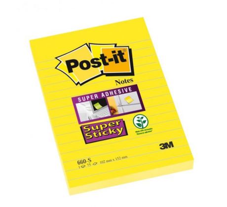 Bloček Post-it Super Sticky, 102x152 mm, žltý, linajky