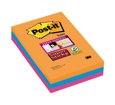 Bloček Post-it Super Sticky 101 mm x 152 mm XXL, dúhové farby, linajkové, 3 bločky po 90 lístkov
