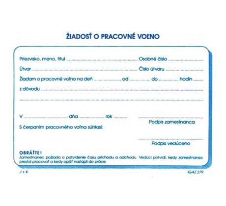 Tlačivo Žiadosť o pracovné voľno, A6, 100 listov