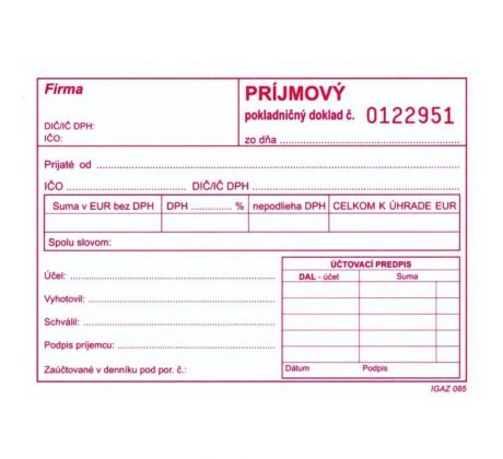 Príjmový pokladničný doklad s DPH, samoprepis, A6, číslovaný, 100 listov