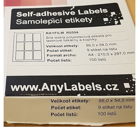 etikety RAYFILM 86x54 polyesterové lesklé biele laser R050486x54A-LCUT (100 list./A4) (R0504.86x54A-LCUTA4)