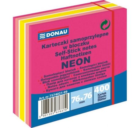 Bloček Donau 76 x 76 mm, neónová ružová, 400 lístkov