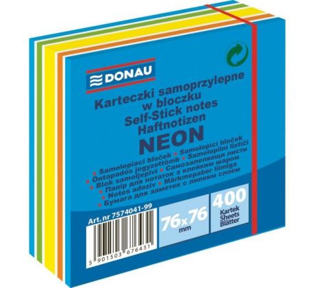 Bloček Donau 76 x 76 mm, neónová modrá, 400 lístkov