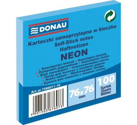 Samolepiaci bloček Donau neónový 76x76 mm modrý