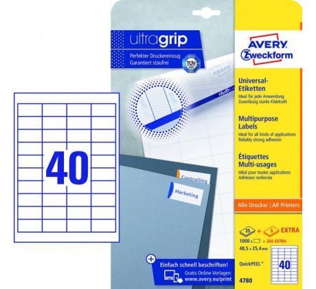 Etikety univerzálne 48,5x25,4mm Avery A4 25+5 hárkov