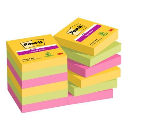 Samolepiaci bloček Post-it Super Sticky CARNIVAL, veľkosť 47,6 x 47,6 mm, 12 bločkov po 90 lístkov