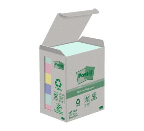 Samolepiaci bloček Post-it recyklované NATURE, pastelové farby, veľkosť 38x51 mm, 6 bločkov po 100 lístkov