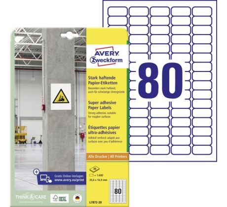 Etikety univerzálne 35,6x16,9mm Avery A4, silne lepivé 20 hárkov