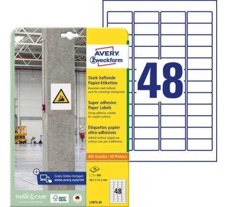 Etikety univerzálne 45,7x21,2mm Avery A4, silne lepivé 20 hárkov
