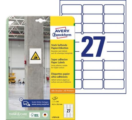 Etikety univerzálne 63,5x29,6mm Avery A4, silne lepivé 20 hárkov