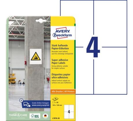 Etikety univerzálne 105x148mm Avery A4, silne lepivé 20 hárkov
