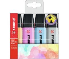 Sada zvýrazňovačov STABILO BOSS ORIGINAL Pastel 4S Pastelová oranžová, svieža modrá, fuchsiová, šedá