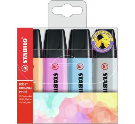 Sada zvýrazňovačov STABILO BOSS ORIGINAL Pastel 4S Pastelová oranžová, svieža modrá, fuchsiová, šedá