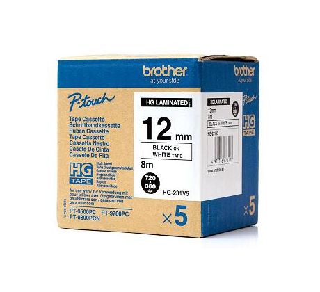 páska BROTHER HGe231 čierne písmo, biela páska HQ Tape (12mm) (5 ks) (HGE231V5)