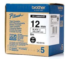 páska BROTHER HGe631 čierne písmo, žltá páska HQ Tape (12mm) (5 ks) (HGE631V5)
