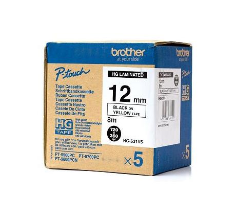 páska BROTHER HGe631 čierne písmo, žltá páska HQ Tape (12mm) (5 ks) (HGE631V5)